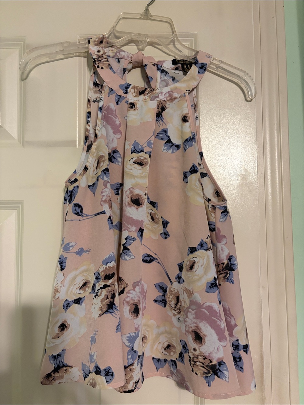 Revamped Pink Floral Halter Blouse with Blue and Cream Flowers